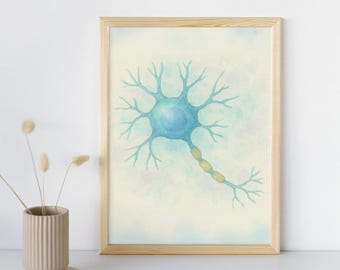 Blue Watercolor Neuron Print: Minimalist Brain Anatomy Art (Digital Download A3/A4 PDF)