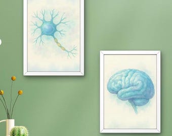 Watercolor Brain & Neuron Art Prints: Science Therapy Office Decor (Digital Download A3/A4)