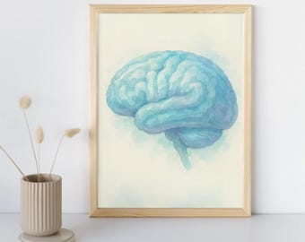 Blue Watercolor Brain Art Print: Mental Health Decor (Digital Download A3/A4 PDF