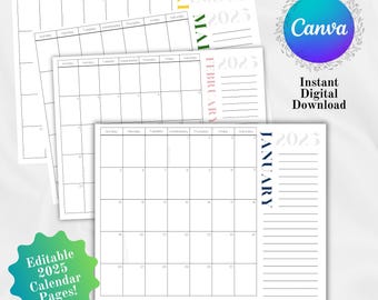 Printable Monthly Planner 2025 Minimalist Calendar Portrait Calendar 2025 | Letter, 11x17, A4, A3 | Sunday Start | Instant Download | Canva