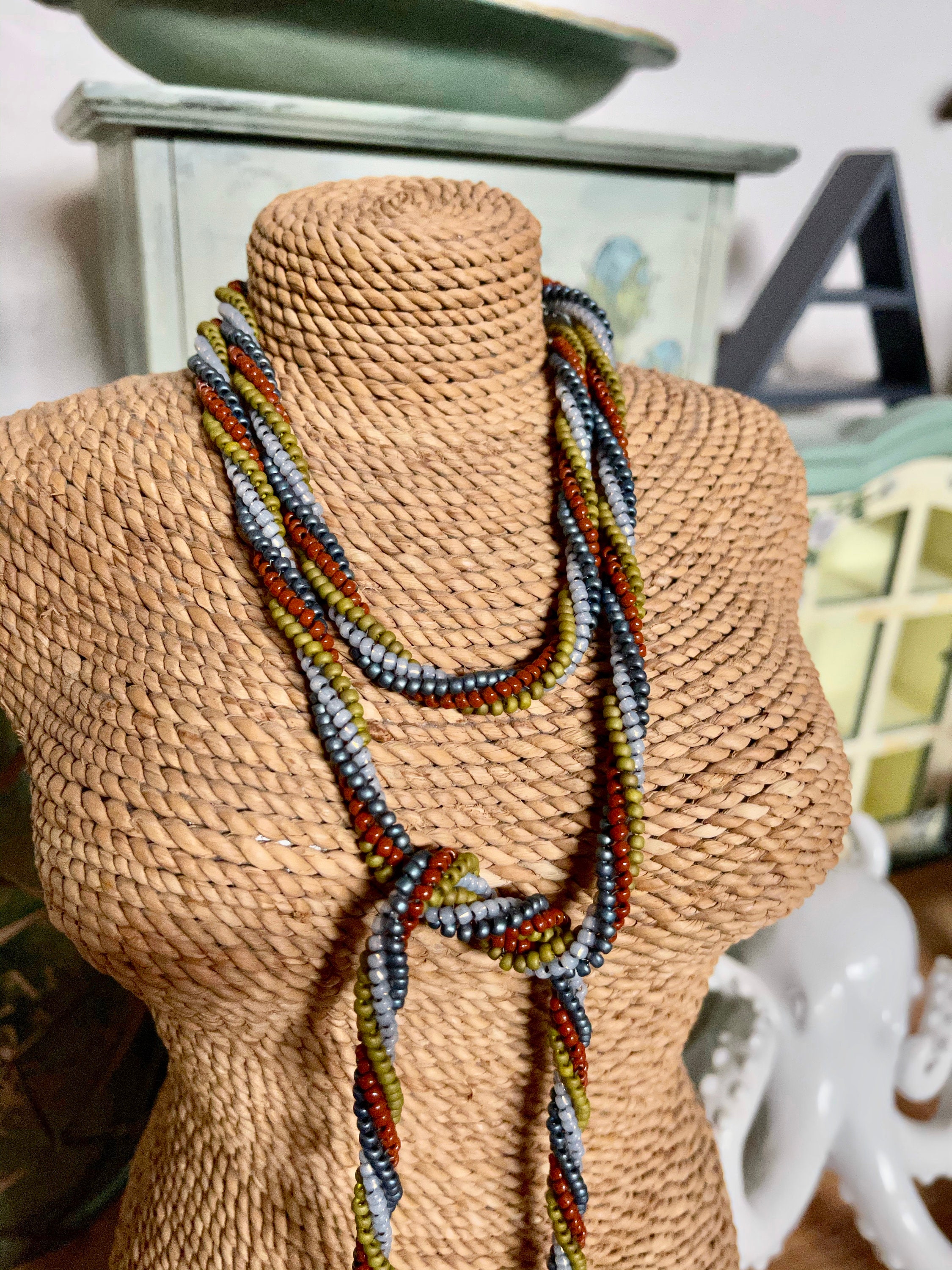 Hand Beaded Lariat Necklace or Belt: Soft Fall Colors, 50 