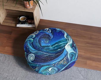 Ocean Wave Round Floor Pillow Tufted Nautical Bohemian Decor