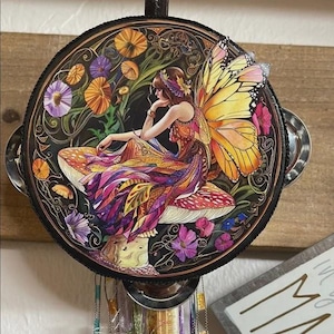 Oops Colorful Sitting Mushroom Fairy Tambourine with Ribbon