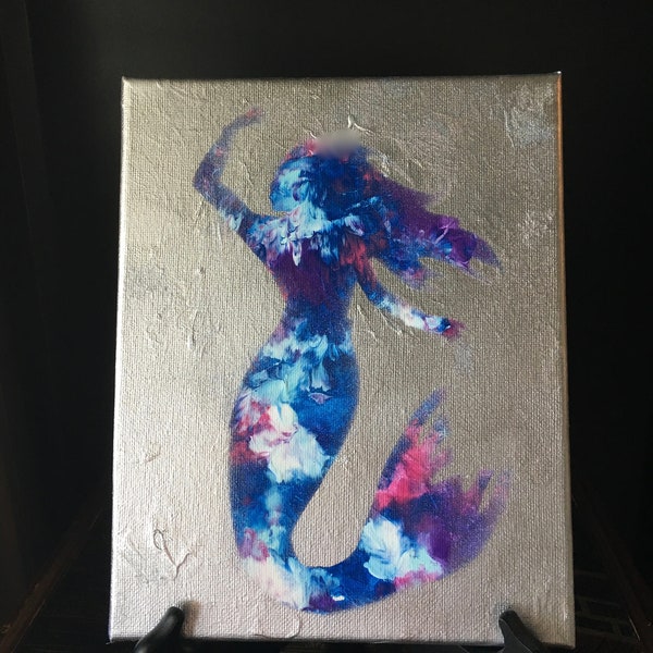 One of a Kind Hand Painted Mermaid with Holder, Mosaic Mermaid, Silver Mermaid Picture, Canvas Painting, Mermaid Art