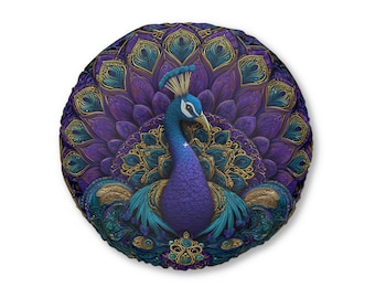 Cojín de suelo con diseño de pavo real morado real, redondo, de estilo bohemio en tonos morados y turquesa.