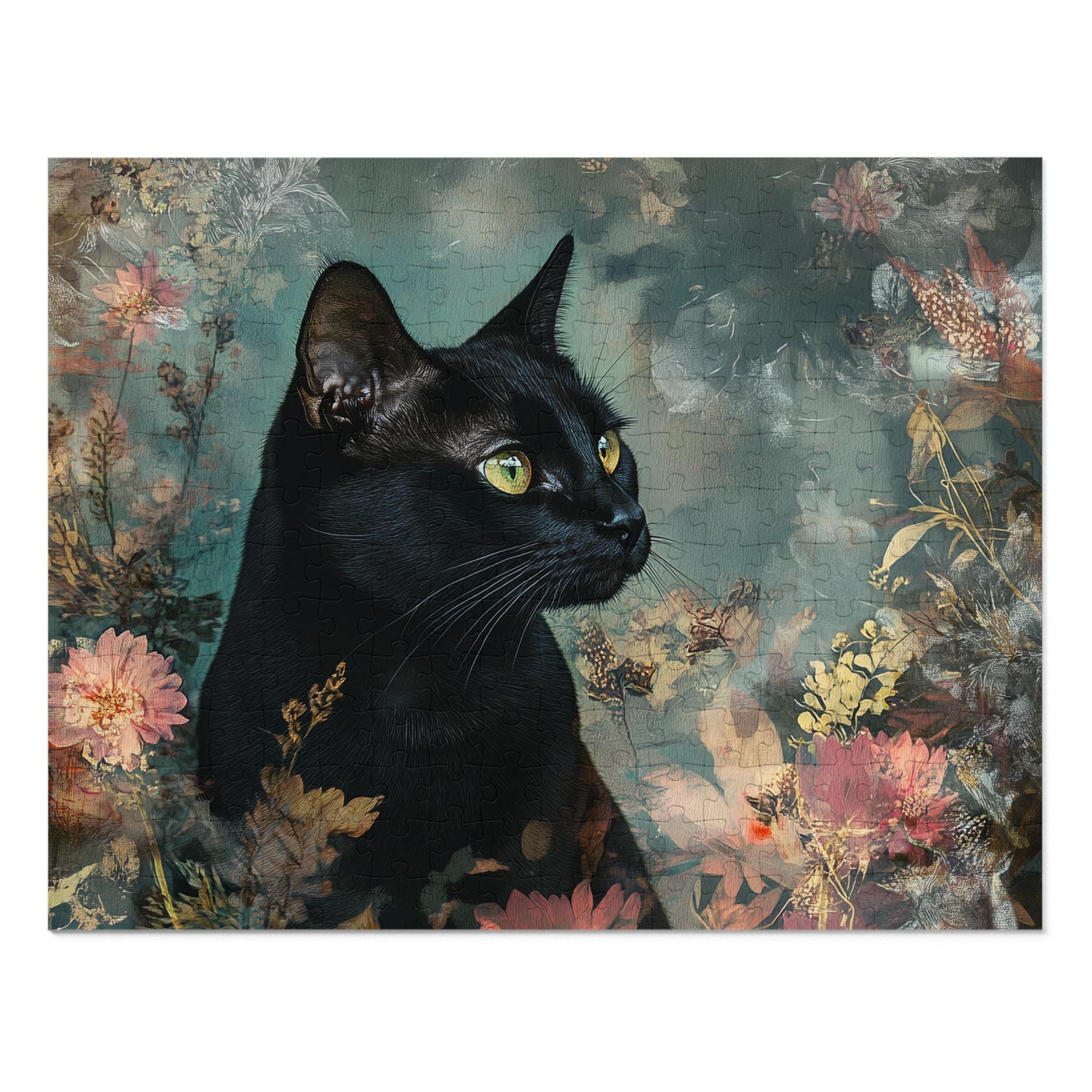 絵画 black cat Black Cat Floral Portrait Jigsaw Puzzle With Tin | Floral Vintage