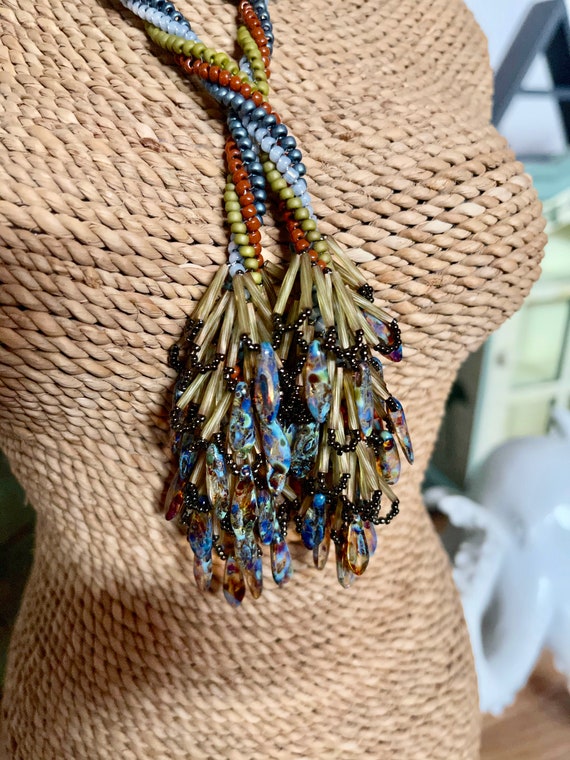 Multicolor Beaded Lariat Necklace - Women Accessories Hand Beaded Lariat Necklace or Belt: Soft Fall Colors, 50  main image 4