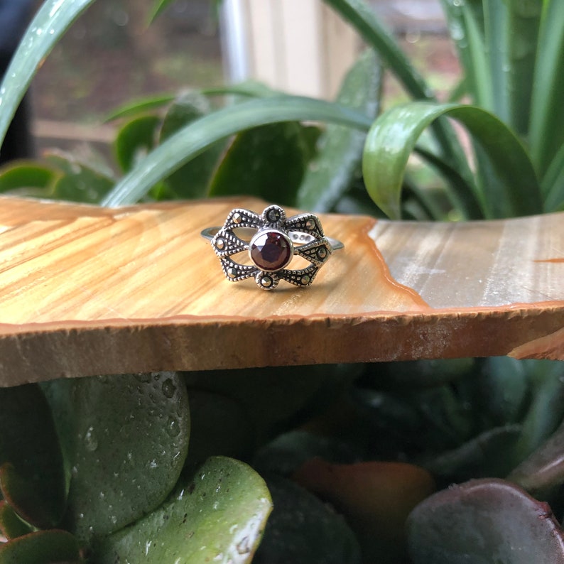 Vintage Garnet Ring Garnet and Marcasite Ring Vintage Rings Vintage Art Deco Ring Red Garnet Size 7 925 Silver Ring