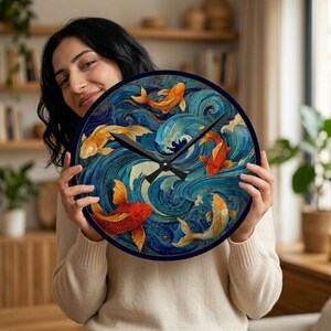 Koi Fish Swirl Acrylic Wall Clock  Nautical Zen Pond Art