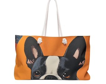 Peeking Boston Terrier Weekender Bag | Colorblock Pop Art Mid Century Modern