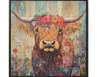 Floral Highland Kuh Matte Leinwand