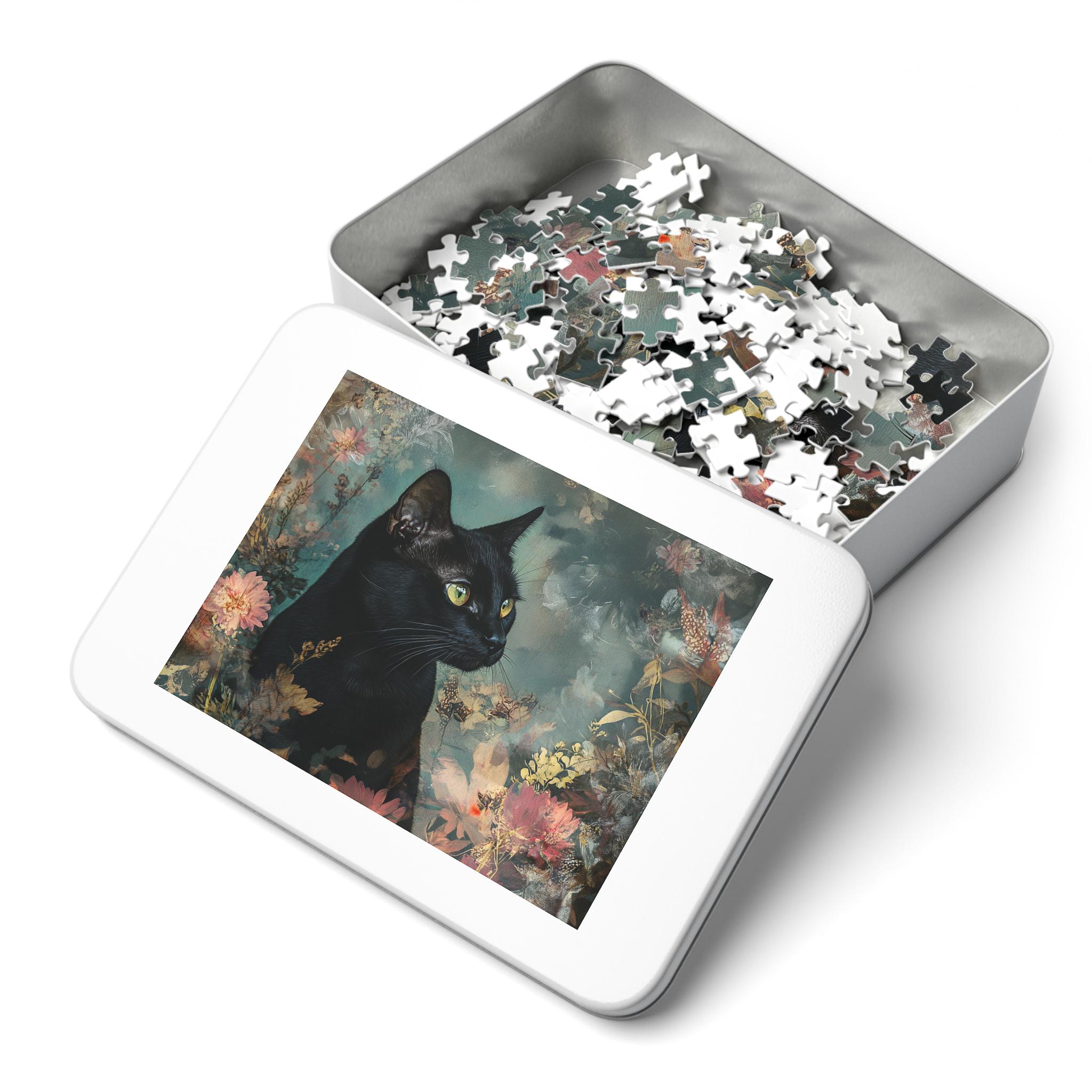 Black Cat Floral Portrait Jigsaw Puzzle With Tin | Floral Vintage