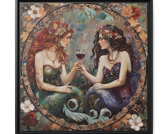 Mermaids in Paris Holding Wine Glasses Matte Canvas Framed | Fantasy Wall Art