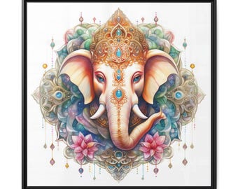 Ganesha Elephant Artwork Matte Canvas Framed | Spiritual Mandala Wall Art, Protection, Good Fortune Art