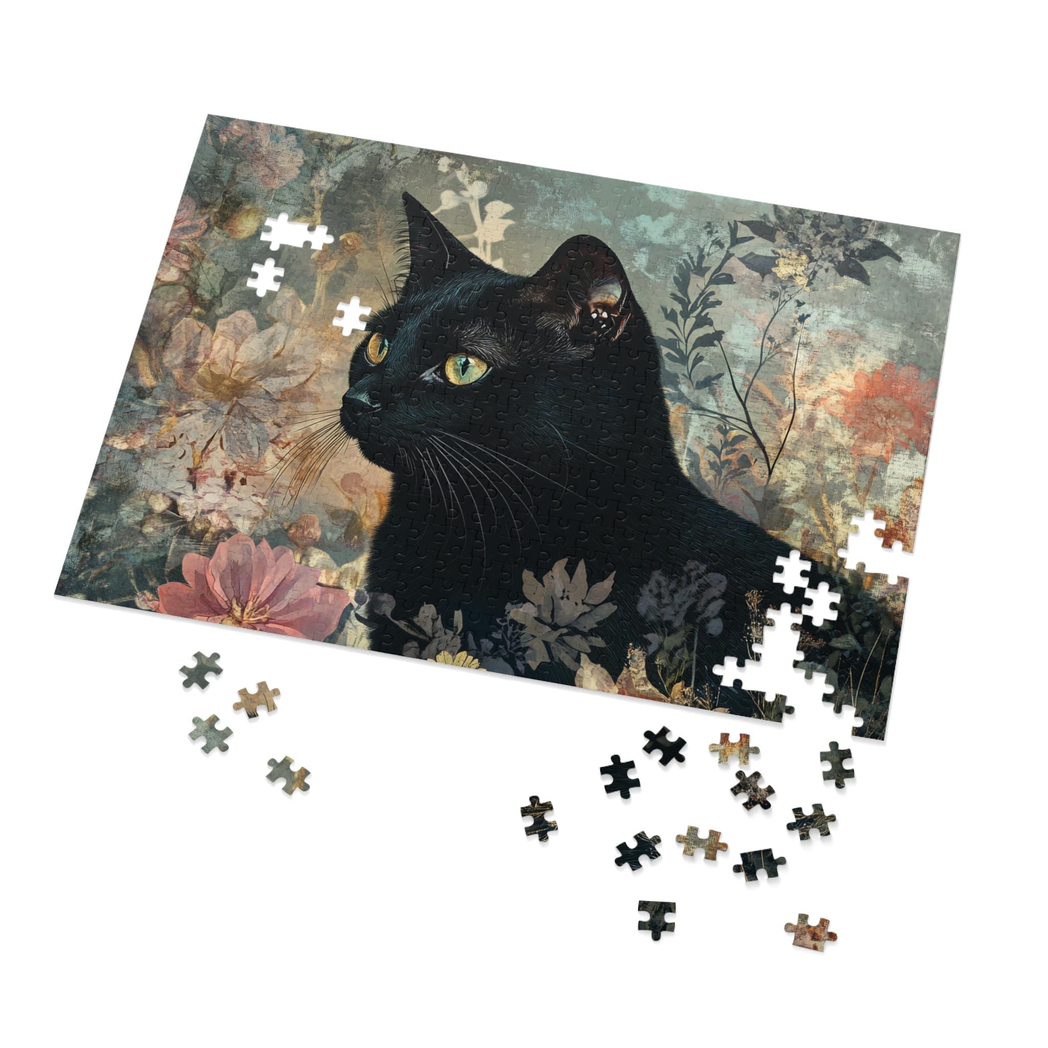 黒猫の花のアートジグソーパズル（ブリキ入り） - Etsy 日本