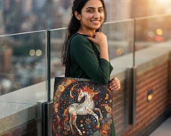 Puede incluir: Un bolso tote negro con una colorida ilustración de un unicornio blanco con melena y cola rojas, sobre un fondo oscuro con estrellas y una luna creciente. El diseño está enmarcado por patrones arremolinados en tonos naranja, amarillo y azul.