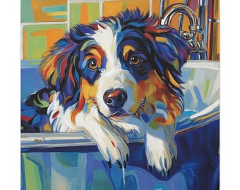 May include: A colorful painting of a dog in a blue bathtub. The dog has a white face with brown eyes and a black nose. Its fur is a mix of blue, orange, yellow, and red. The background features a yellow and orange tiled wall and a silver faucet.