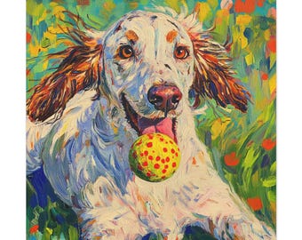 May include: A vibrant painting of a dog with white fur and brown spots, playfully holding a yellow ball with red dots. The dog's tongue is visible, and the background features colorful flowers and foliage.