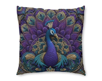 Cuscino da pavimento maestoso color pavone viola, decorazione boho ornamentale viola e verde acqua.
