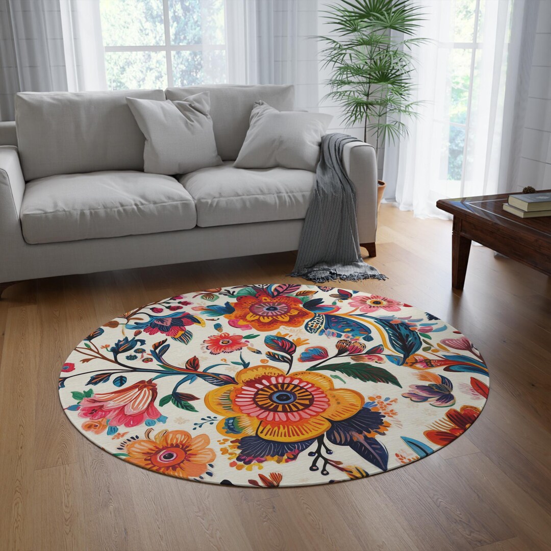 Colorful Floral Folk Art Round Rug | Boho Flower Pattern Carpet - Etsy