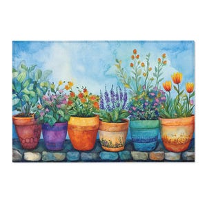 May include: Watercolor illustration of a row of potted plants with colorful flowers. The pots are various colors, including orange, purple, and teal, and sit on a stone wall against a blue sky background. The flowers include tulips, lavender, and other blooms.