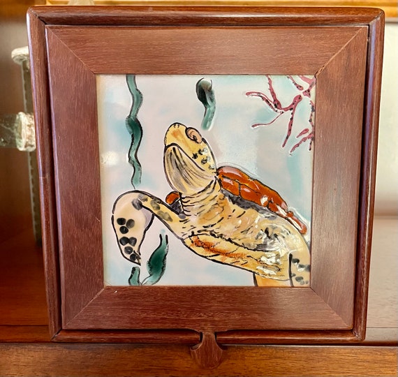 Vintage Hand Crafted Turtle Tile Jewelry Box, Bea… - image 2