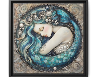 Framed Mermaid Canvas Art Print, Ocean Wall Decor