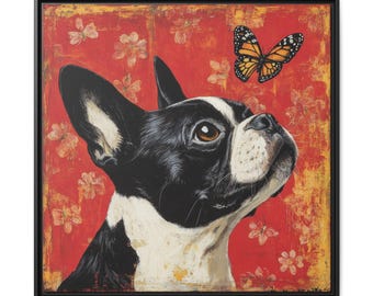 Boston Terrier with Butterfly Matte Canvas Framed Wall Art | Dog Portrait