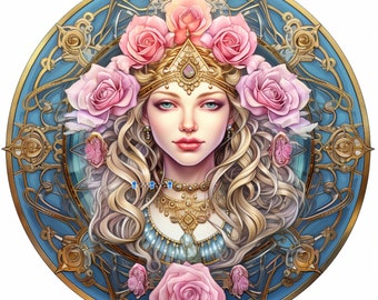 Bohemian Rose Goddess Art, Wall Hanging, Decoupage Art, Tambourine and Ribbon Wall Hanging