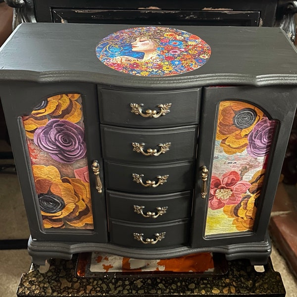 Lady of the Spring Eclectic Lovecycled Jewelry Chest, Vintage Jewelry Cabinet, Floral Jewelry Cabinet, Jewelry Organizer