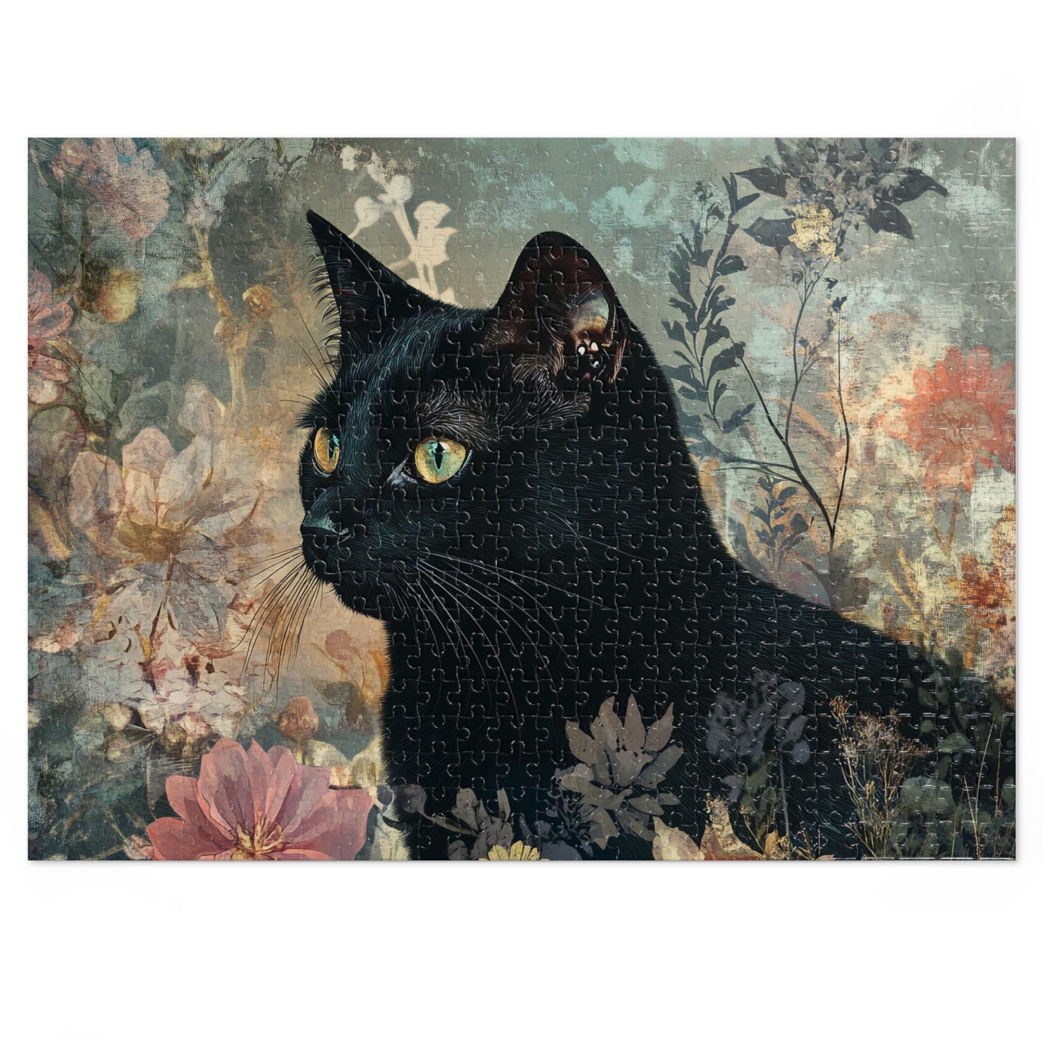 黒猫の花のアートジグソーパズル（ブリキ入り） - Etsy 日本