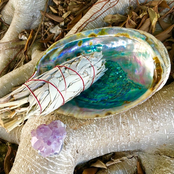Smudge Kit, love bundle, amethyst, abalone, abalone smudge, sage bundle, large abalone shell, smudging, raw amethyst crystal, gift set
