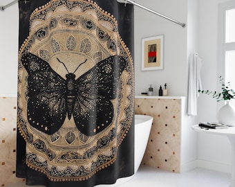 Gold Mandala Black Moth Shower Curtain | Boho Bathroom Decor 71" x 74"