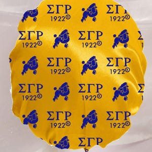 Op de afbeelding: Een gouden satijnen haarnetje met een herhalend patroon van blauwe poedel-silhouetten en de tekst "ΣΓΡ 1922®".