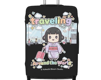 Copertura per valigia Kawaii / Hana Kokeshi in viaggio intorno al mondo / Protezione elastica per valigia / Arte giapponese carina / Regalo di viaggio / 3 misure