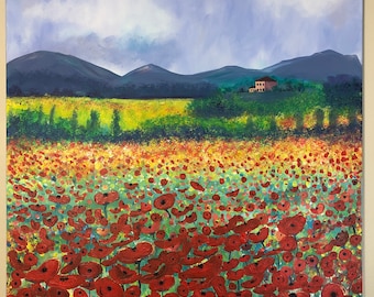 Poppies in Tuscany,  24 x 24, Original Acrylic Painting