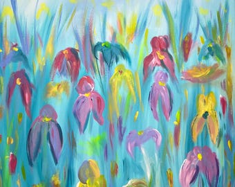 May include: An acrylic painting on canvas featuring a field of abstract flowers in shades of purple, magenta, and yellow against a light blue background. The brushstrokes are loose and expressive, with vertical green stems and foliage throughout.