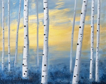 Gilded Forest, 24 x 24 Gold Sky Birch Tree Wall Art Woods Acotar Art