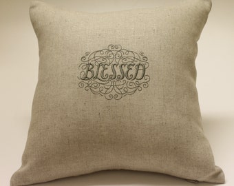 Calligraphy Script Blessed Faith Family Home Embroidered Oatmeal Linen and Cotton Accent Decorative Pillow Cover