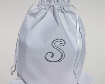 Single Initial Monogram Embroidered Cotton Drawstring Lingerie Shoe Travel Gift Bag