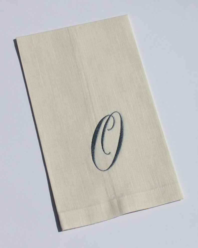 Single Initial Script Monogram Embroidered Natural Linen Kitchen Bath Guest Hand Tea Towel image 1