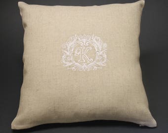 Single Initial Monogram Embroidered Oatmeal Linen and Cotton Accent Decorative Pillow Cover