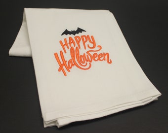 Happy Halloween with Bat Embroidered Bath Guest Kitchen Fingertip Hand Tea Towel