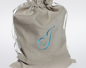 Single Initial Script Monogram Embroidered Natural Linen Drawstring Laundry Travel Gift Bag