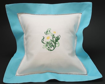 Daisy Filigree Embroidered Hemstitched 12x12 Pillow Cover