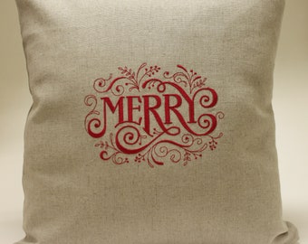 Holiday Christmas Merry Embroidered Accent Decorative Pillow Cover