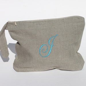 Single Initial Script Monogram Embroidered Natural Linen Lingerie Travel Cosmetic Gift Bag
