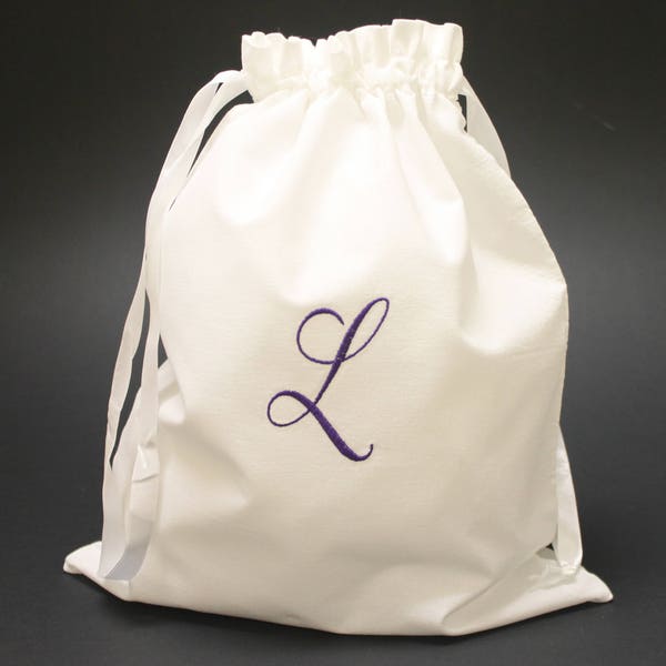 Single Initial Script Monogram Embroidered Cotton Drawstring Lingerie Shoe Travel Gift Bag