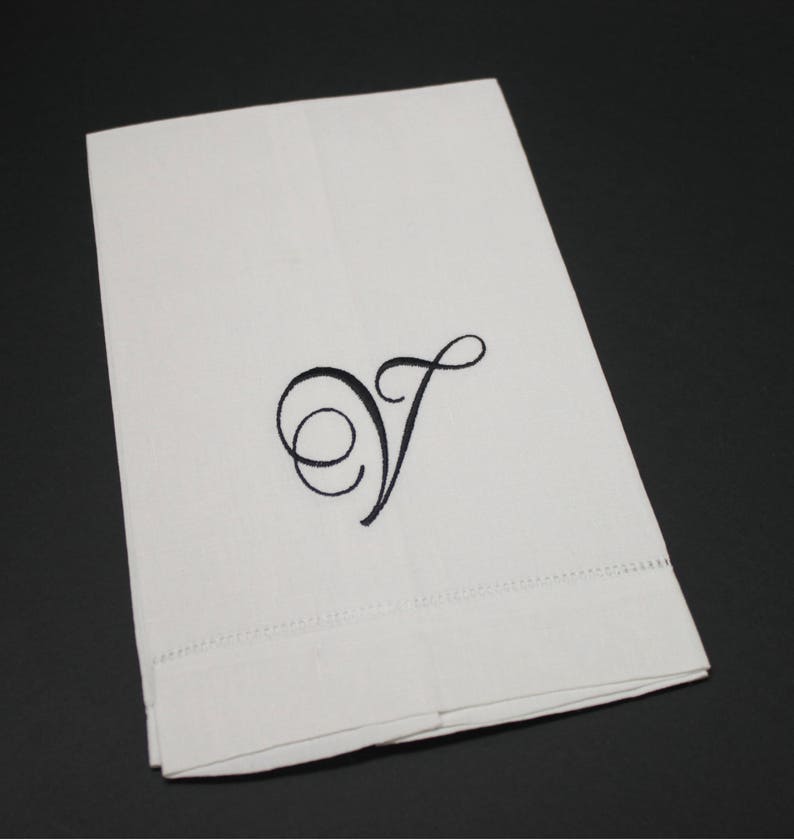 Single Initial Script Monogram Embroidered Linen Hemstitched Kitchen Bath Guest Hand Fingertip Towel