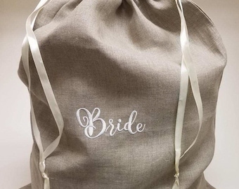 Bride Groom Embroidered Linen Drawstring Laundry Travel Gift Bag